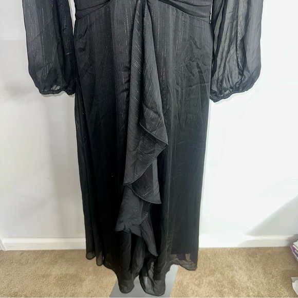 Black Ruffled Tiered Gown with V-Neck and Bishop Sleeves - Picture 2 of 10